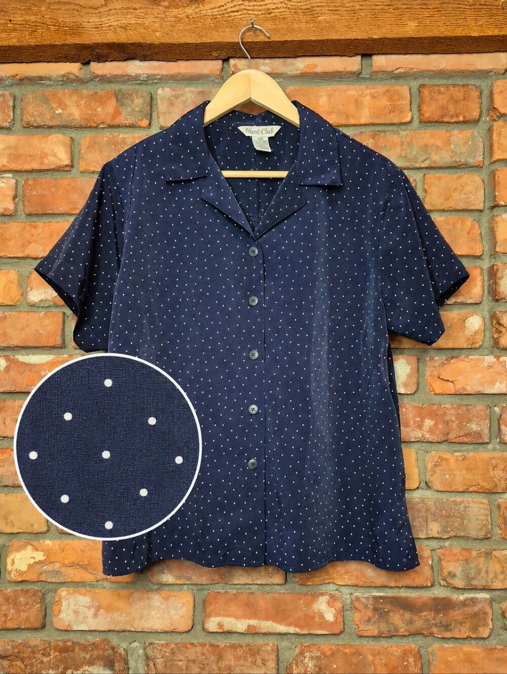 Vintage 90s Hunt Club Navy Polka Dot Button Down Blouse Size L Petite